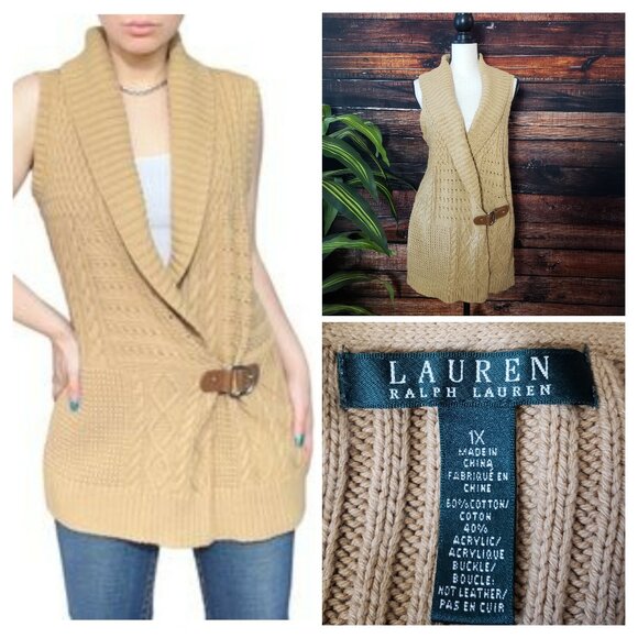 Lauren Ralph Lauren Plus Size 1X Wrap Sweater Vest Buckle Camel Tan Knit LRL - Picture 1 of 9